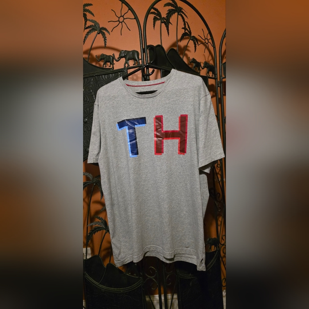 Gray T-Shirt with Red and Blue Logo